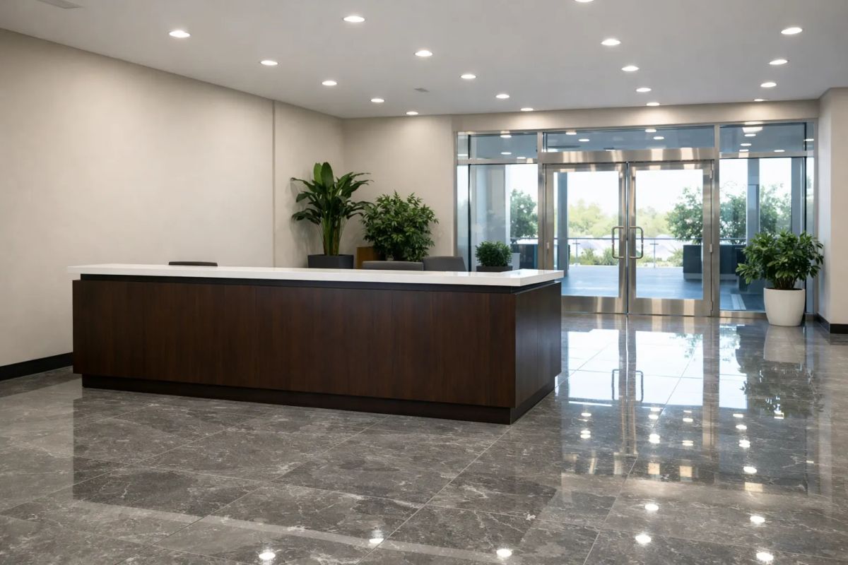 Commercial cleaner refreshing an organized office workspace in Tulsa