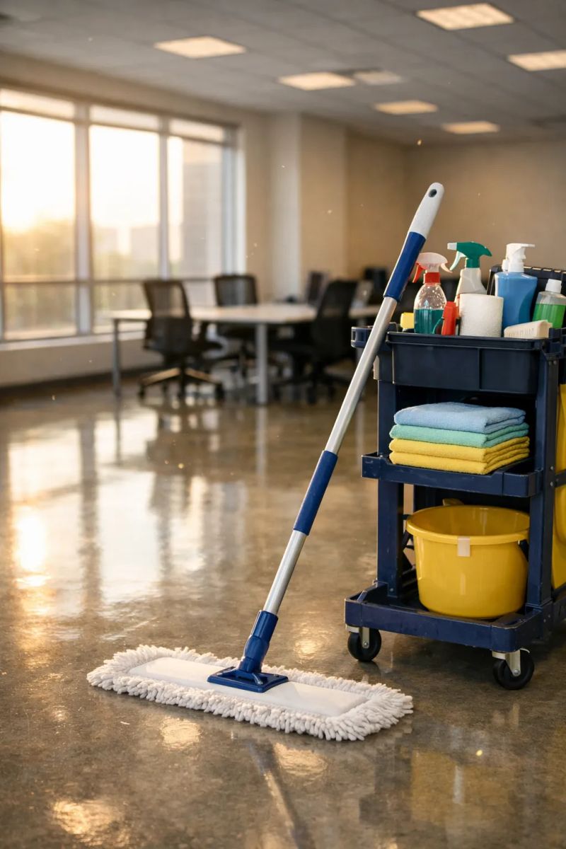 Cleaner sanitizing desks in a professional office