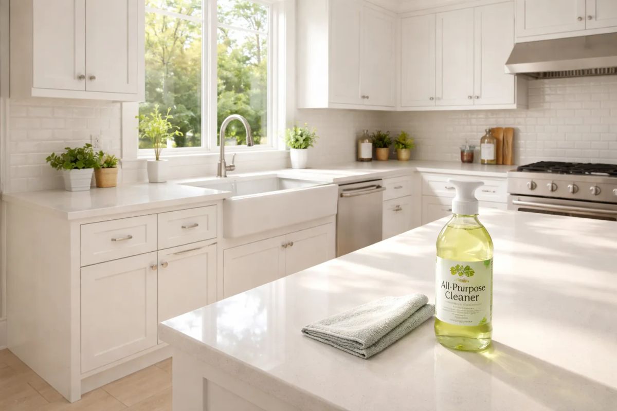 Cleaner wiping a bright Brookside Tulsa home kitchen